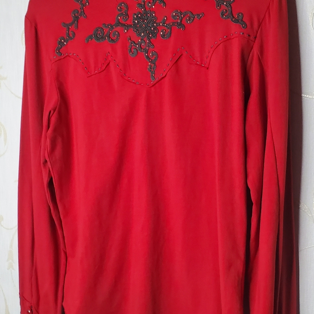 Double D Ranch Red Jewel Rhinestone Detailed longsleeve Button Down Top MEDIUM - Picture 9 of 10
